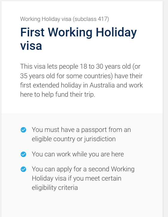 Image montrant la page sur laquelle il faut aller pour obtenir son premier visa PVT pour partir travailler en Australie
