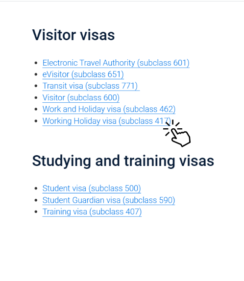 Image d'une page provenant du site officiel de l'immigration australienne montrant quel visa choisir pour partir travailler en Australie