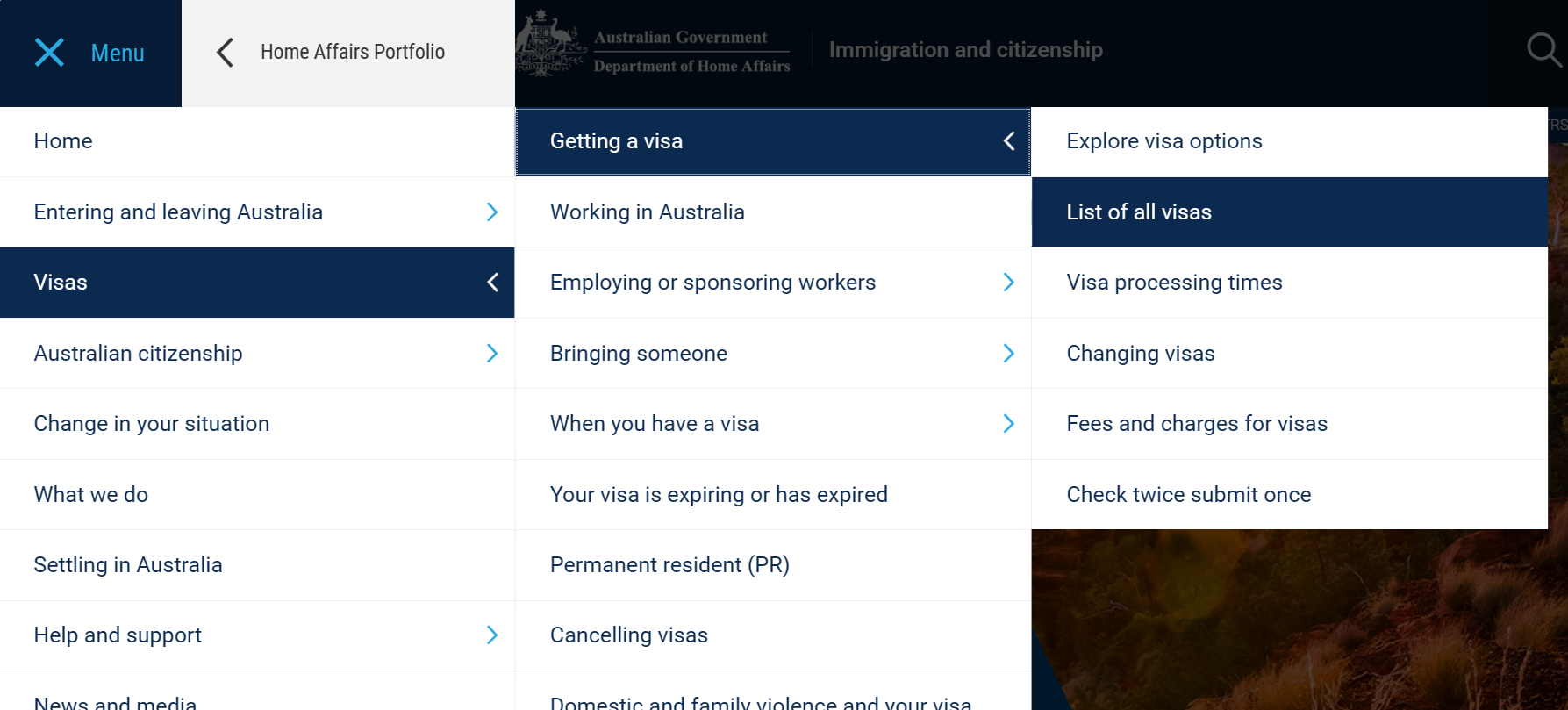 Image d'une page provenant du site officiel de l'immigration australienne montrant quel visa choisir dans la liste pour partir travailler en Australie