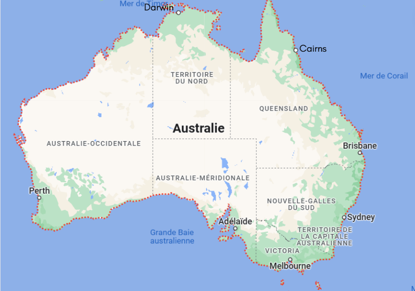 Map Australie montrant les villes principales dans lesquelles on peut atterrir en fonction des saisons et du climat, pour commencer son PVT en Australie