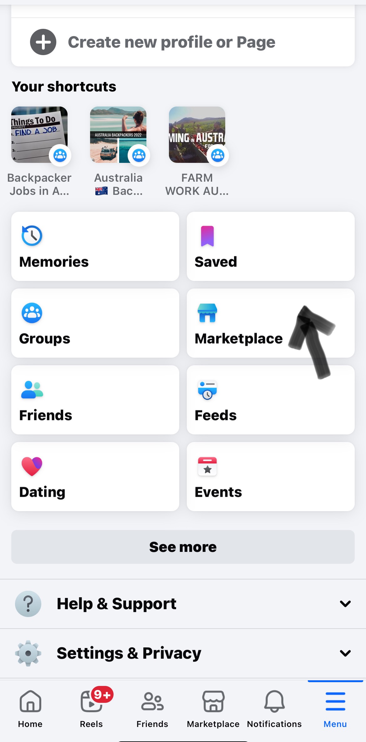 Image pour montrer où se trouve la section "marketplace" dans l'application facebook pour rechercher des annonces de ventes de véhicules en Australie